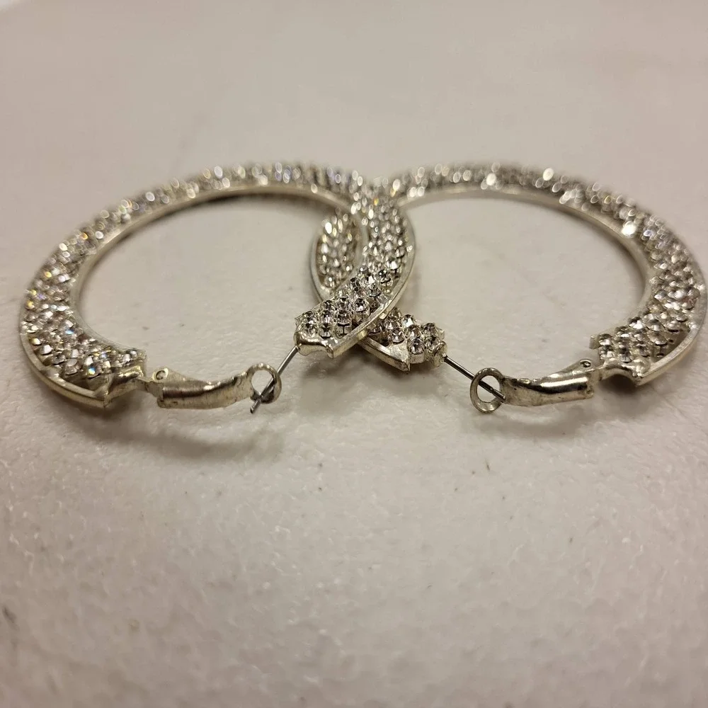 Silver Tone Hoop Earrings Rhinestone Crystal Fashion Jewelry 2‎ Inch Diameter - Picture 4 of 4